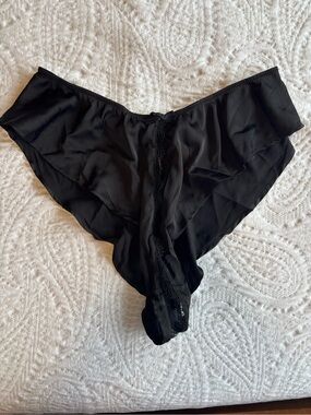 Playful Promises Black Satin And Lace Trim Ouvert Brief Size 12 (XL)